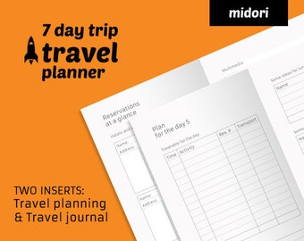 Travel planner printable + travel journal insert - Midori TN insert minimal planner - Travelers Notebook weekly refill - ready to print