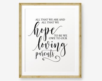 SALE All That We Are And All That We Hope to Be We Owe to Our Loving Parents, Wedding Gift Parents, Wedding printable, Wedding sign