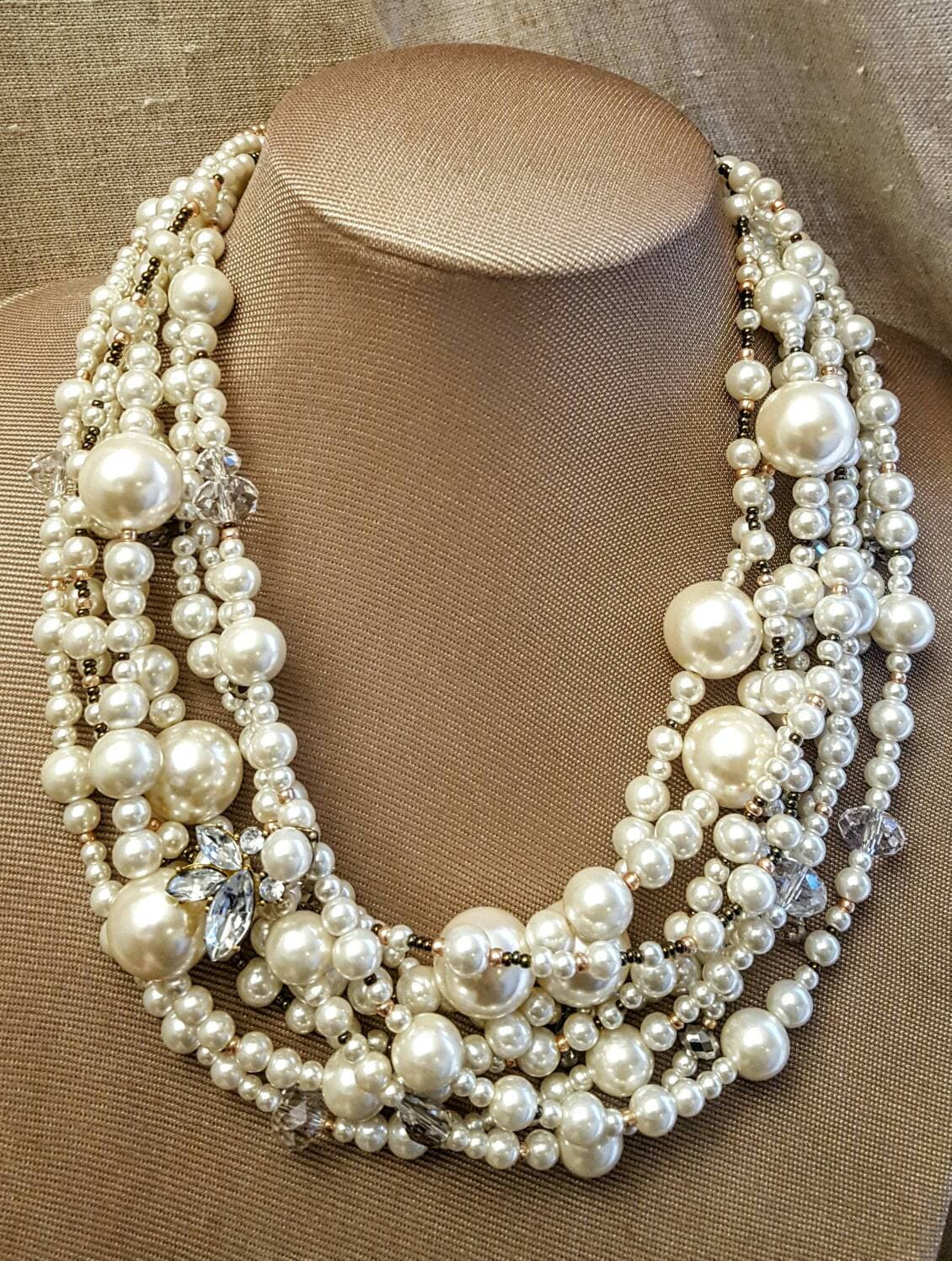 Extra large pearl and crystal multistrand statement necklace