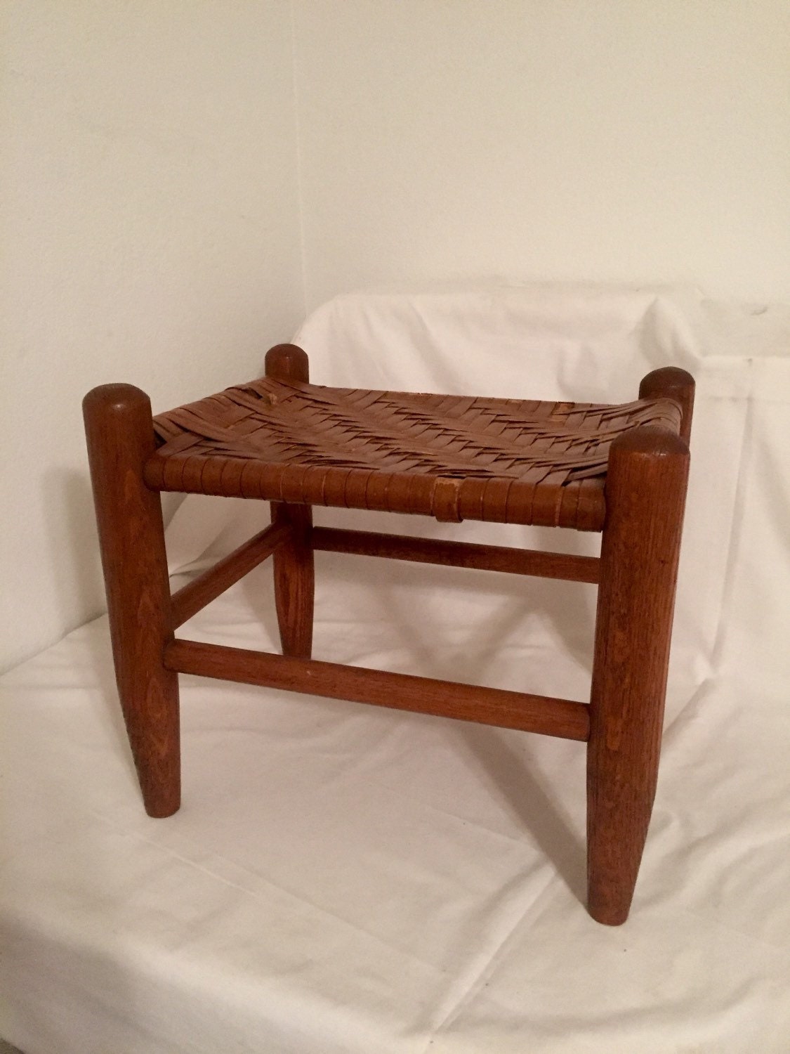 Vintage Wooden Foot Stool Antique Handmade Woven Oak Wood Small Bench ...