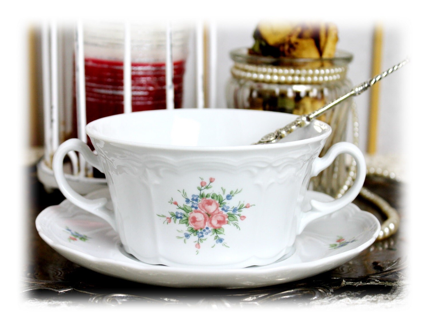 Vintage Handled Soup Bowl and Saucer by AntiqueBoutiqueIdeas