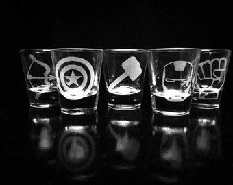 The Avengers- Shot Glasses - Set of 5- Iron Man- Captain America- Thor- Hulk- Hawkeye