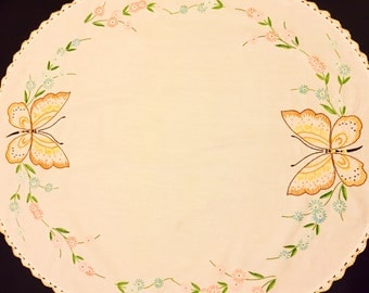 Butterfly Table Cloth, Oval Table Cloth, Small Table Cloth, Yellow Trimmed, Butterfly Stitching