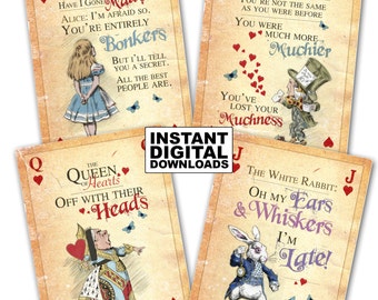 ALICE IN WONDERLAND Printable Download Giant Playing Cards set of 4 - Alice - Mad Hatter - Queen of Hearts - White Rabbit - A4 - 210 x 297mm