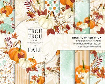 Autumn Paper Pack Fall Background Pumpkin Scrapbook Watercolor Halloween DIY Pack Thanksgiving Digital Planner Supplies Seasonal Orange Red