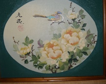 Original Oil Painting / oil painting / bird on a branch / green / oval / framed / wood / flowers / wood frame / double matted / vintage