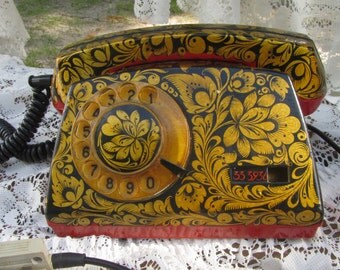 Vintage Old And Shaby Working Khohloma Painted USSR Rotary Telephone, Corded Home Rotary Old Shabby Fancy Telephone USSR Classic Painting