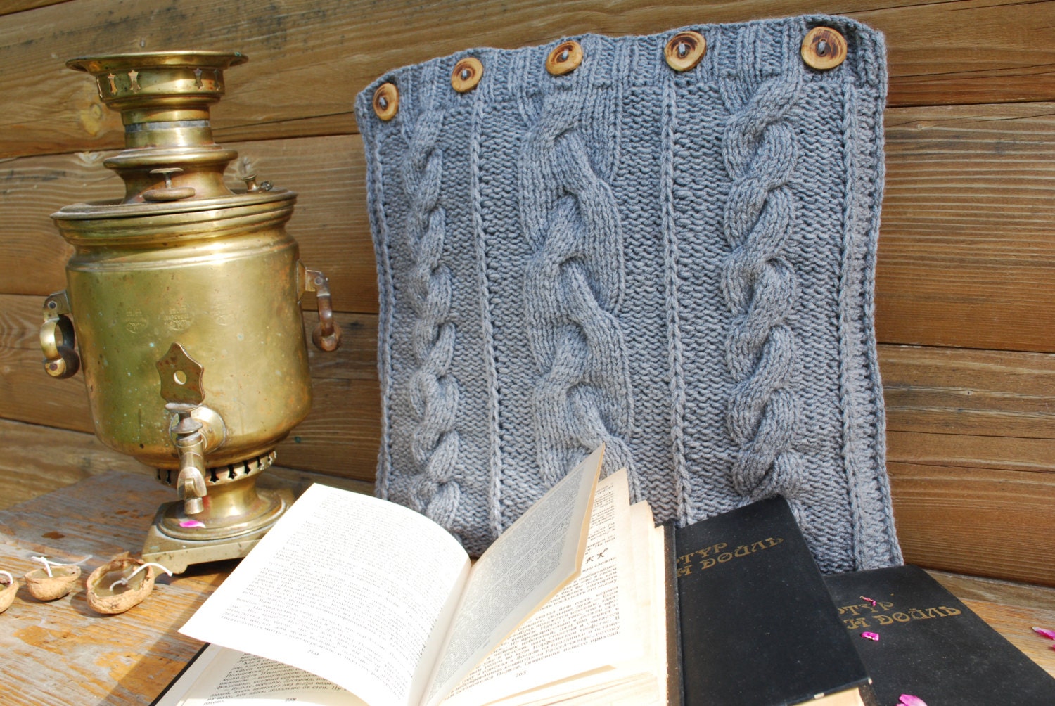 Knitted grey pillow cover Pillow cover with 5 wooden buttons