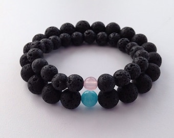 Couples bracelets, anniversary gift, matching lava bracelet set with Rose Quartz and Aquamarine, his and hers, girlfriend boyfriend gift