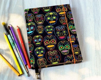 A5 notebook Fabric journal Sugar skull fabric covered notebook Handmade notebook Old paper journal Vintage book Antique blank book Black