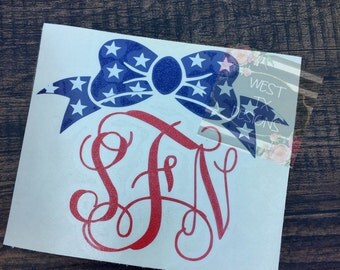 Bow Monogram | Patriotic Decal | American Flag Monogram | Fourth of July Decal | American Flag Bow | Patriotic Monogram