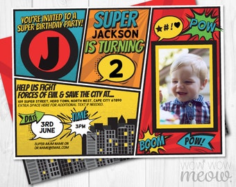 Super Hero Invitations Photo INSTANT DOWNLOAD Superhero Invites Personalize Birthday Party Editable Girls Boys Picture Comic Book Printable