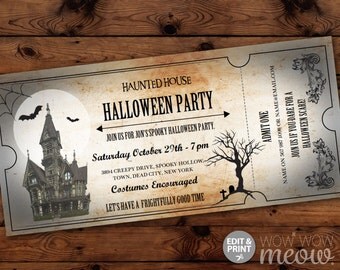 Halloween Invitations Haunted House Tickets Invites Party Printable INSTANT DOWNLOAD Bat Spooky Scare Personalized Editable Edit & Print