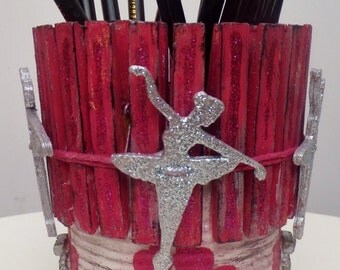 UpCycled Tin Can and Peg Pencil/Brush Pot, Decorative Vase with Ballerina and Ballet Shoe detail in shades of pink and silver.