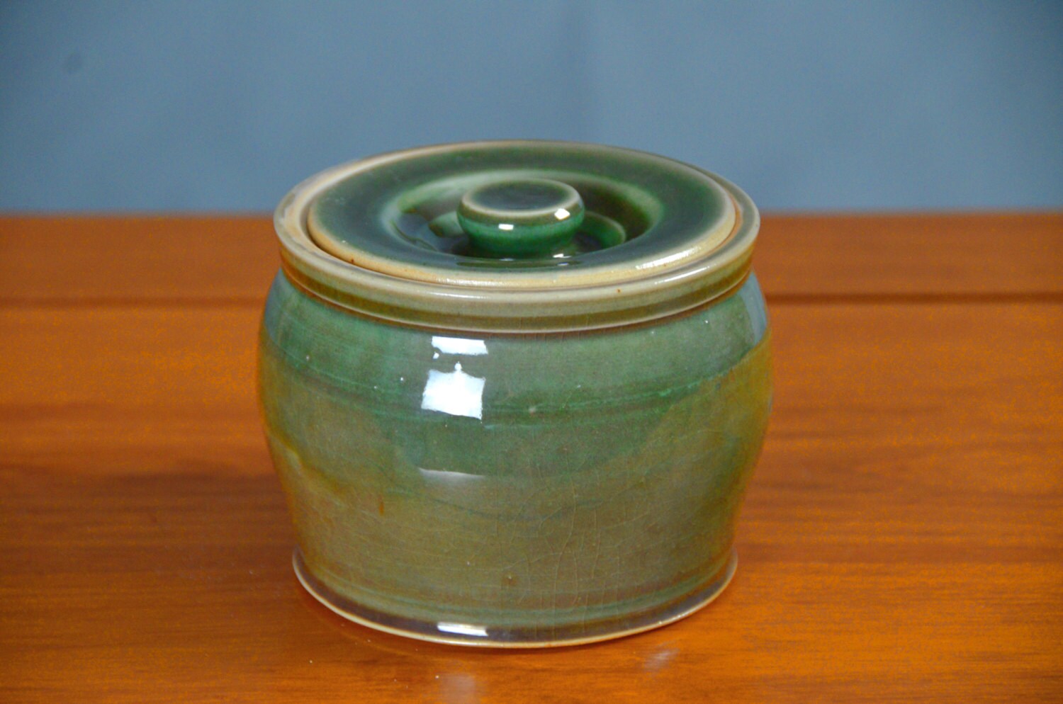 Green Ceramic Jar with Lid Hand Thrown Porcelain Pottery