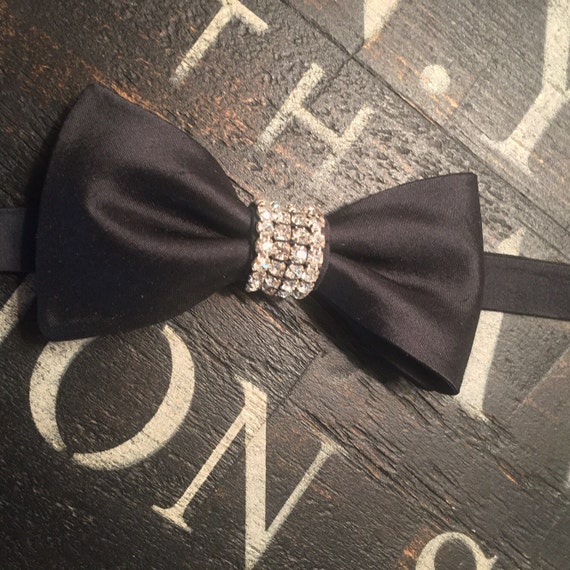 Men's Black Silk & Rhinestone Bow Tie Formal Black Bow