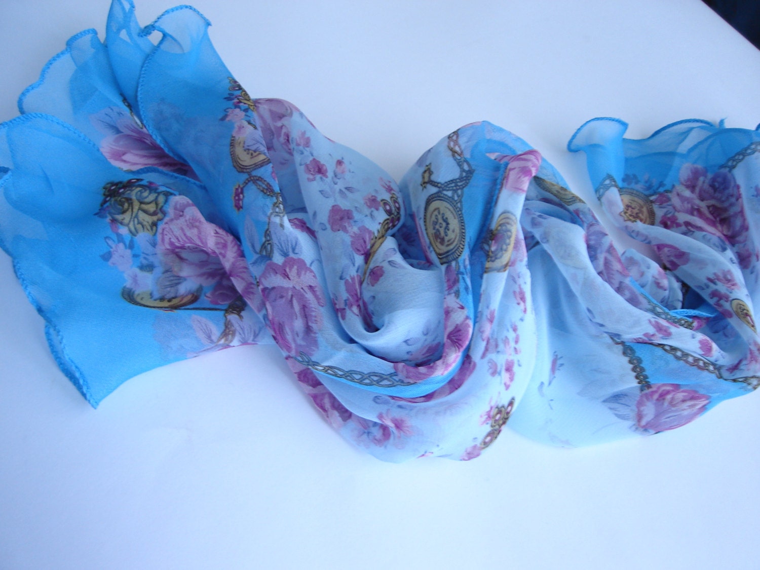 Silk scarf Blue Pink Scarf Little scarf Floral by DesignHappyDay