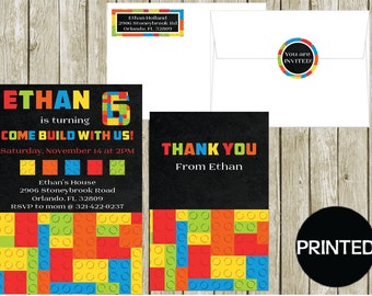 Printed COLORFUL BUILDING BLOCKS Boys Birthday Invitations Thank You Cards Notes, Address Labels Stickers Envelope Seals Party Supplies