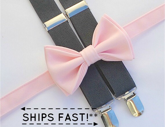 Blush Bow Tie & Charcoal Gray Suspenders with Blush Pocket