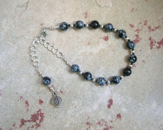 Persephone Prayer Bead Bracelet in Snowflake Obsidian: Greek