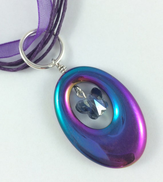 Non-Magnetic Hematite Pendant. Purple and green. Organza Voile. Cotton Cord Necklace.