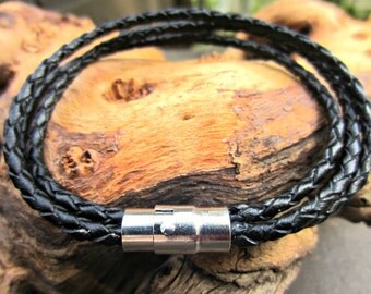 Leather Bracelet, Men's Bracelet, Gift for Men, Braided Leather Bracelet, Magnetic Clasp, Black or Brown Triple Wrap Braclet