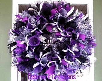 Everyday wreath, Front door wreath, Winter wreath, New Year wreath, Purple, black, silver wreath, Mesh wreath