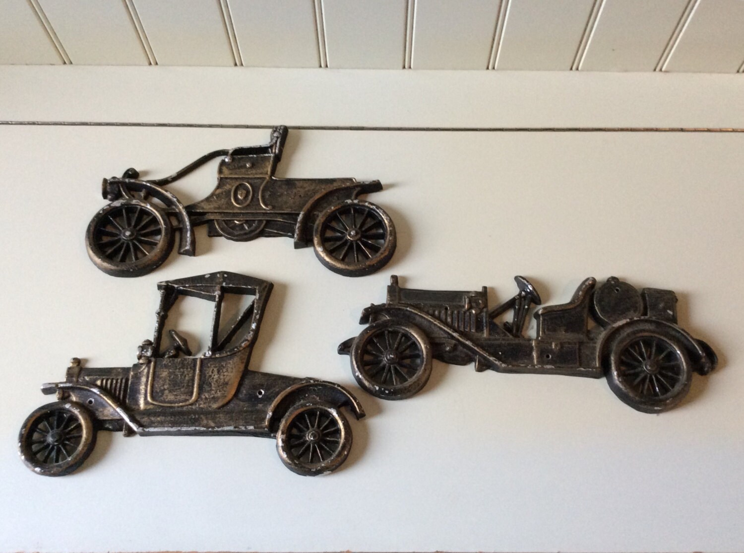 Set of 3 Vintage Cast Metal Car Plaques/ Antique Car