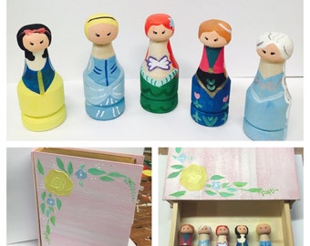 Princess peg doll set with story book box
