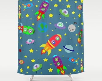 Space rockets shower curtain-Kids shower curtain-Planets curtain-Cool blue curtain-Kids gift-kids bathroom-Modern Curtain-Colourful bath