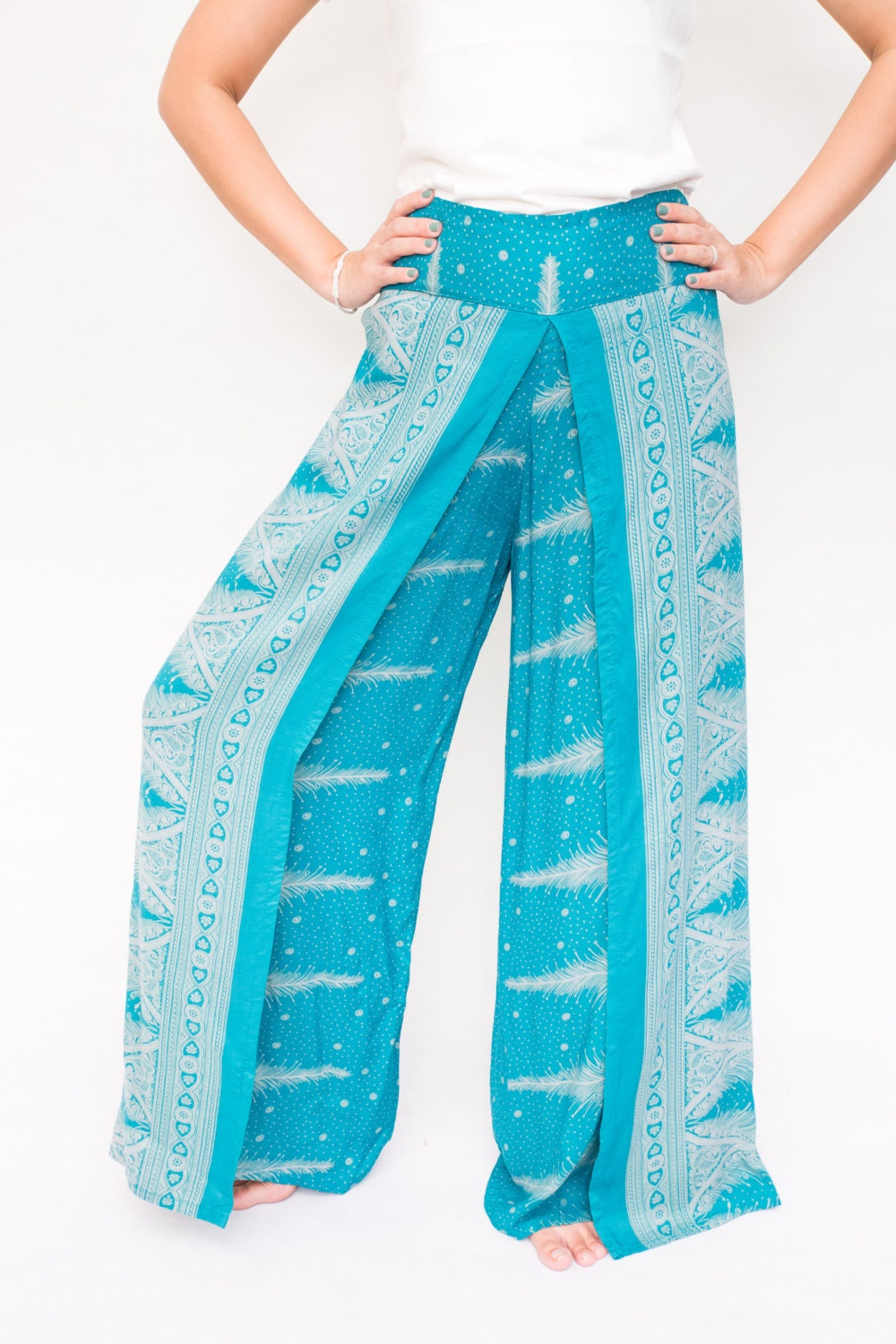 Peacock Mandala Butterfly Palazzo Pants in Blue white