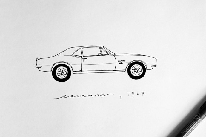 Chevrolet Camaro 1967 Line Drawing reproduction from original