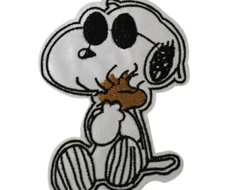 Snoopy Cuddling Woodstock 3 1/8 Inches Tall Iron On Patch