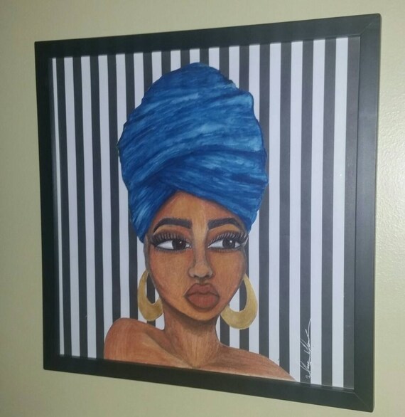 Black Art Black woman head wrap natural hair art by CrownsGardens