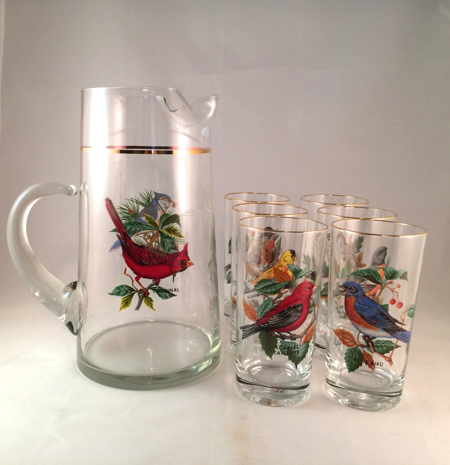 SALE West Virginia Glass Song Bird Pitcher with 6 Matching