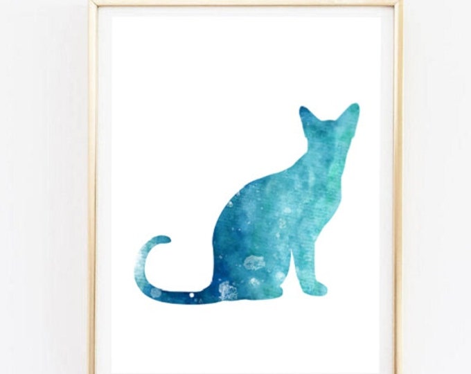 Blue Cat Poster / Watercolor Cat Poster / Cat Printable Poster / Cat Lovers Gift / Minimalist Animal Poster / Cat Wall Art