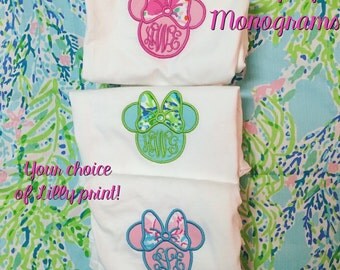 Minnie Mouse Head Lilly Pulitzer Monogram Applique with your choice of print! Disney Womens Monogram Shirt