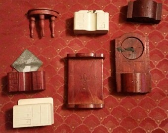 Vintage 7 piece Set of Art Deco Hand Carved or Pressed Design Wooden Doll House Furniture Miniatures Bed Vanity Hall Stand Table Cabinet
