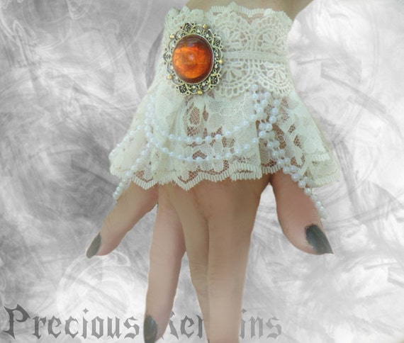 Ophelia Bracelets Pair White Lace Wrist Cuffs ~ Elegant Victorian Lolita Sweet Rococo Steampunk ~ Swarovski Bridal Cosplay Fairy by PreciousRemains steampunk buy now online