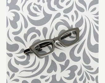 ON SALE Glasses Glass Wayfarer Tie Clip Silver Black Wedding Bar Clasp