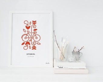 8x10 "Sykkel" (Bicycle) Nordic Word Print, red and white, Norwegian Scandinavian folk art illustration