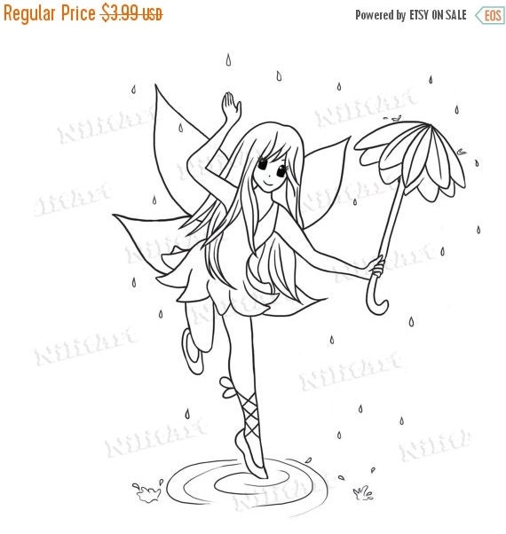 50% OFF SALE Umbrella Fairy Stamp, Fairy Digital Stamp, Coloring Stamp, Digital Art, Cartoon Digi Stamp, Printable Art IMG 085