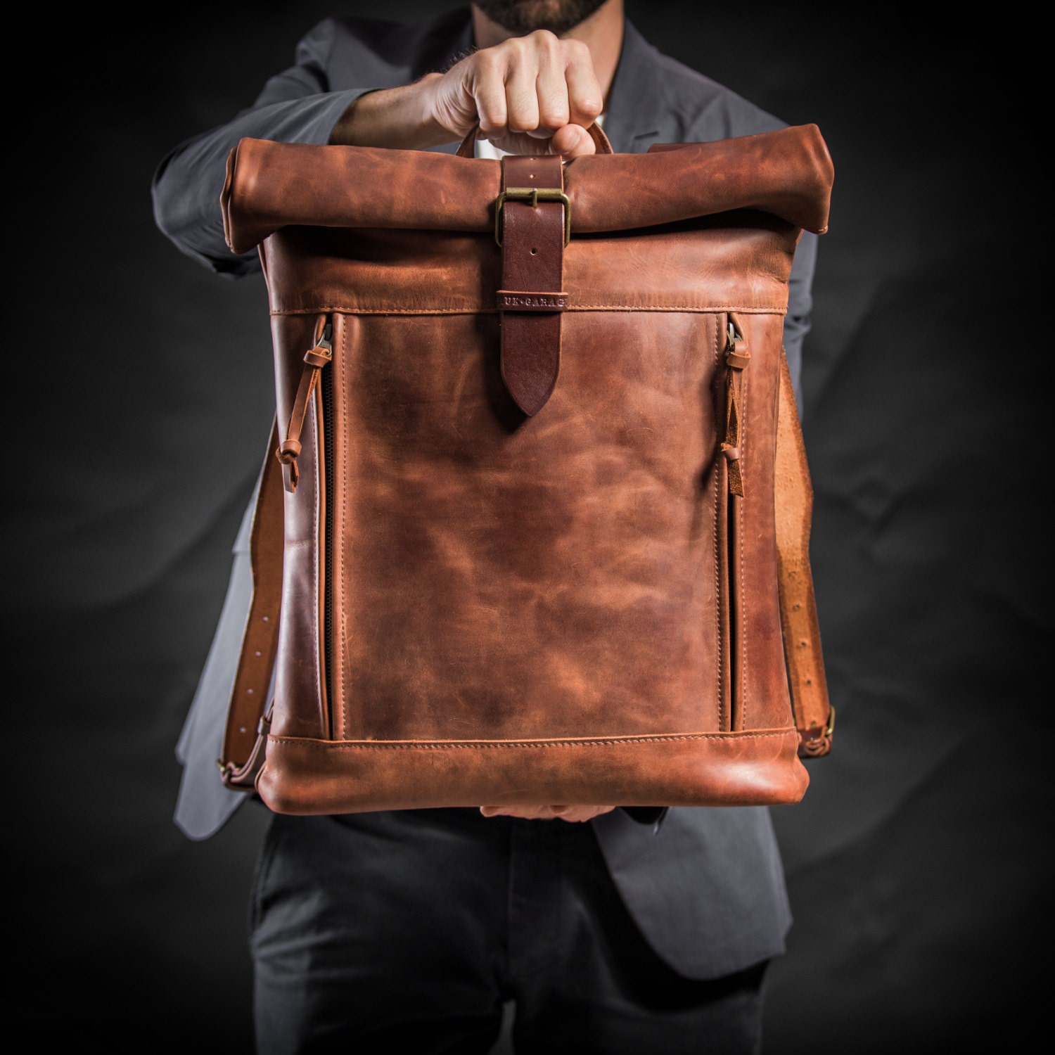 Leather backpack Roll top backpack by Kruk Garage Brown