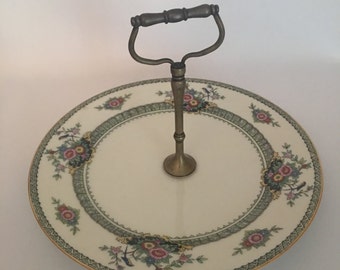 Vintage Noritake Hand Painted Serving Plate With Brass Handle, Japan, Appetizer or Dessert Plate