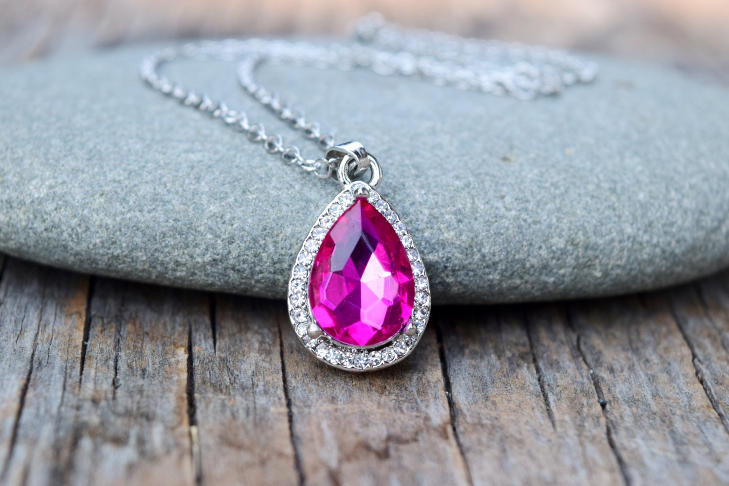 New Sofia Pink Amulet Necklace Dark Pink Rhinestone Tear Drop Necklace