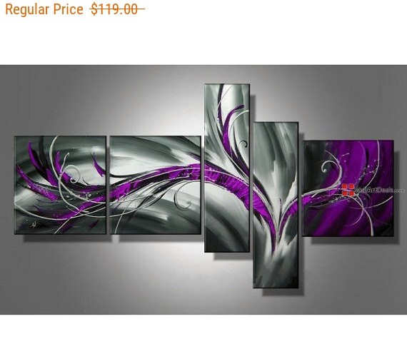 5 Panel purple grey wall art Abstract Art Canvas by WallArtDeals