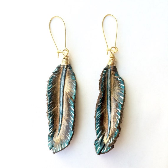 Items similar to Leather Feather Earrings Gold, Copper, Turquoise