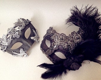 Ostrich Feather Black Lace masquerade mask Mens Gladiator mask pair prom party surprise costume Party