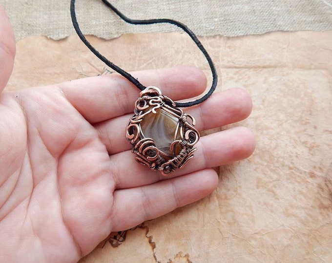 Wire wrapped pendant with yellow striped agate, Copper Wire winding, Fantasy style, Birthstone, Natural stone, Semi precious unique jewelry