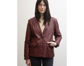 Vintage Oxblood Leather Blazer 1990s 90s Burgundy Leather Coat w/ Pockets Minimalist Leather Jacket M Md Medium